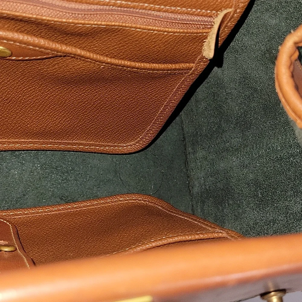 Vintage Dooney & Bourke Green Pebbled Leather Satchel with Tan Trim and Handles